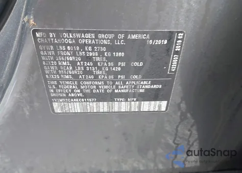 2019 Volkswagen Atlas 3.6L V6 Sel from USA, damaged, VIN 1V2MR2CA8KC611577